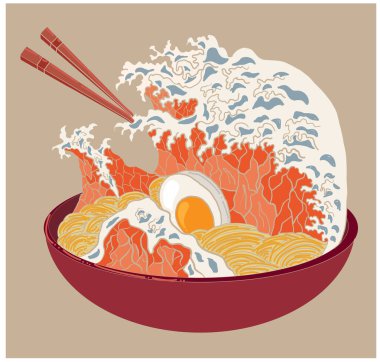 Geleneksel Japon eriştesi ve duvar kağıdı üzerine restoran baskısı için el sallama. Karalama sanatı için Ramen vektör çizimi. Arka planda yemek çubukları vektörü ile gün doğumu..