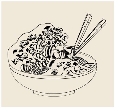 Geleneksel Japon eriştesi ve duvar kağıdı üzerine restoran baskısı için el sallama. Karalama sanatı için Ramen vektör çizimi. Arka planda yemek çubukları vektörü ile gün doğumu..