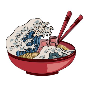 Geleneksel Japon eriştesi ve duvar kağıdı üzerine restoran baskısı için el sallama. Karalama sanatı için Ramen vektör çizimi. Arka planda yemek çubukları vektörü ile gün doğumu..