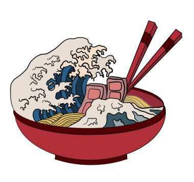 Geleneksel Japon eriştesi ve duvar kağıdı üzerine restoran baskısı için el sallama. Karalama sanatı için Ramen vektör çizimi. Arka planda yemek çubukları vektörü ile gün doğumu..