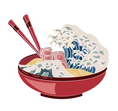 Geleneksel Japon eriştesi ve duvar kağıdı üzerine restoran baskısı için el sallama. Karalama sanatı için Ramen vektör çizimi. Arka planda yemek çubukları vektörü ile gün doğumu..