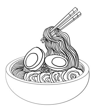 Traditional Japanese ramen and wave for restaurant printing on wallpaper.Ramen vector illustration for doodle art.Sunrise with chopsticks vector for painting on background.