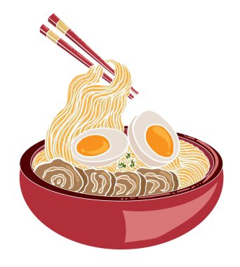 Geleneksel Japon eriştesi ve duvar kağıdı üzerine restoran baskısı için el sallama. Karalama sanatı için Ramen vektör çizimi. Arka planda yemek çubukları vektörü ile gün doğumu..