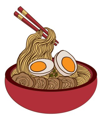 Traditional Japanese ramen and wave for restaurant printing on wallpaper.Ramen vector illustration for doodle art.Sunrise with chopsticks vector for painting on background.