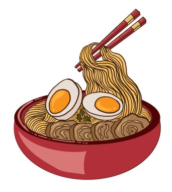 Geleneksel Japon eriştesi ve duvar kağıdı üzerine restoran baskısı için el sallama. Karalama sanatı için Ramen vektör çizimi. Arka planda yemek çubukları vektörü ile gün doğumu..