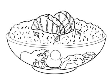 Duvar kağıdı üzerine restoran baskısı için geleneksel Japon yemekleri. Karalama sanatları için somon vektör illüstrasyonlu pirinç..