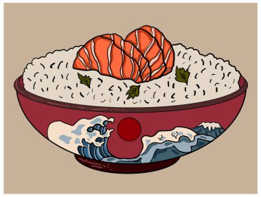 Duvar kağıdı üzerine restoran baskısı için geleneksel Japon yemekleri. Karalama sanatları için somon vektör illüstrasyonlu pirinç..