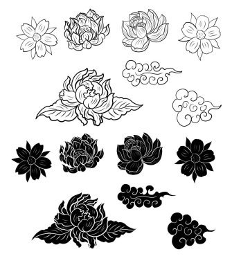 El çizimi, Lotus seti, el çizimi nilüfer çiçeği izole vektör seti. Güzel pembe nilüfer çiçeği seti. Resim sanatındaki elementler için geleneksel Japon Buda çiçeği..