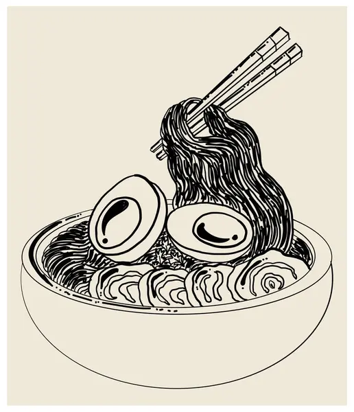 Traditional Japanese ramen and wave for restaurant printing on wallpaper.Ramen vector illustration for doodle art.Sunrise with chopsticks vector for painting on background.