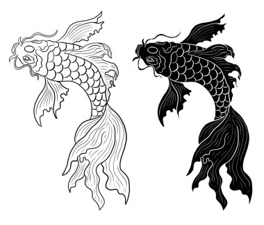 Çin 'in yeni yılının mutluluğu için kırmızı arka planda el çizimi Koi sazan balığı. Arka planda festival için altın balık. Koi balığının güzel bir çizgisi..