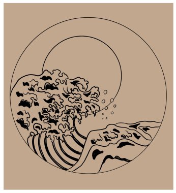 Japanese wave vector illustration for T-shirt.Traditional Chinese wave and sunrise.Beautiful line art of nature for printing on shirt.Asian art for doodle and painting on background.