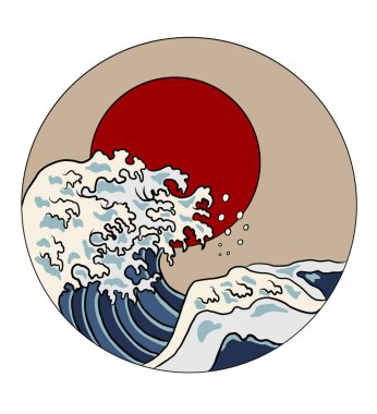 Japanese wave vector illustration for T-shirt.Traditional Chinese wave and sunrise.Beautiful line art of nature for printing on shirt.Asian art for doodle and painting on background.