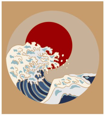 Japanese wave vector illustration for T-shirt.Traditional Chinese wave and sunrise.Beautiful line art of nature for printing on shirt.Asian art for doodle and painting on background.