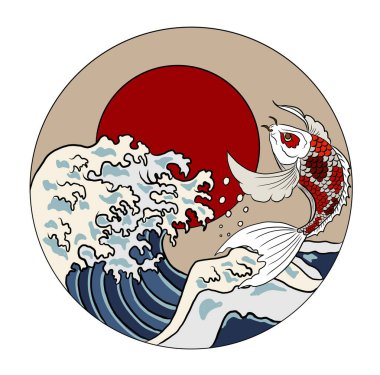 Tişört için Japon sazan balığı ve Japon dalga vektör çizimi. Çemberde geleneksel Çin dalgası. Gömlek üzerine basmak için güzel bir doğa çizgisi..
