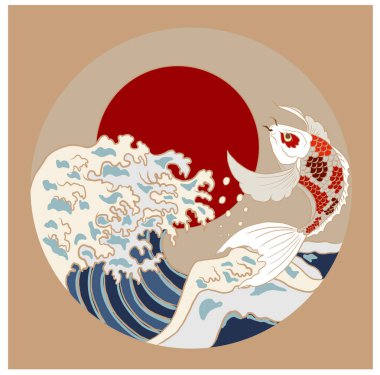 Tişört için Japon sazan balığı ve Japon dalga vektör çizimi. Çemberde geleneksel Çin dalgası. Gömlek üzerine basmak için güzel bir doğa çizgisi..