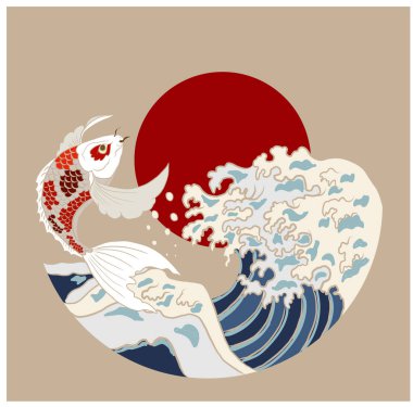Tişört için Japon sazan balığı ve Japon dalga vektör çizimi. Çemberde geleneksel Çin dalgası. Gömlek üzerine basmak için güzel bir doğa çizgisi..