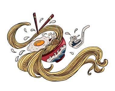 Geleneksel Japon eriştesi ve duvar kağıdı üzerine restoran baskısı için el sallama. Karalama sanatı için Ramen vektör çizimi. Arka planda yemek çubukları vektörü ile gün doğumu..