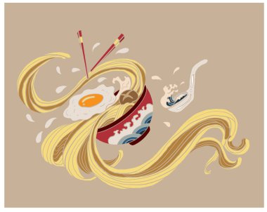 Geleneksel Japon eriştesi ve duvar kağıdı üzerine restoran baskısı için el sallama. Karalama sanatı için Ramen vektör çizimi. Arka planda yemek çubukları vektörü ile gün doğumu..