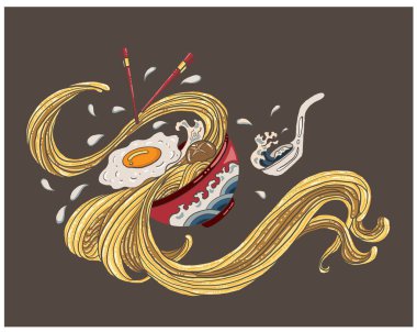 Geleneksel Japon eriştesi ve duvar kağıdı üzerine restoran baskısı için el sallama. Karalama sanatı için Ramen vektör çizimi. Arka planda yemek çubukları vektörü ile gün doğumu..