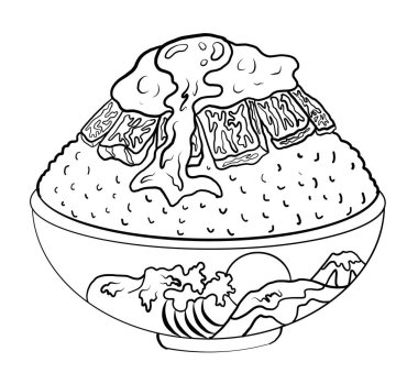 Pirinç kasesinde sığır eti ve kızarmış yumurta. Japon yemeklerinin tişört baskısı için vektör illüstrasyonu. Restorandaki duvar kağıdına resim yapmak için Asya yemeklerinin güzel çizgileri..