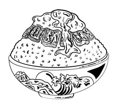 Pirinç kasesinde sığır eti ve kızarmış yumurta. Japon yemeklerinin tişört baskısı için vektör illüstrasyonu. Restorandaki duvar kağıdına resim yapmak için Asya yemeklerinin güzel çizgileri..