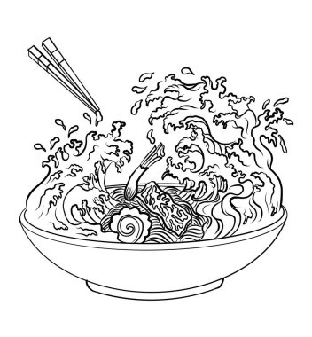 Traditional Japanese ramen and wave for restaurant printing on wallpaper.Ramen vector illustration for doodle art.Asian food.