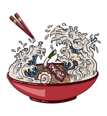 Traditional Japanese ramen and wave for restaurant printing on wallpaper.Ramen vector illustration for doodle art.Asian food.