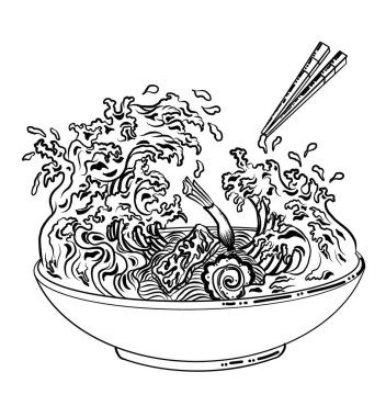 Traditional Japanese ramen and wave for restaurant printing on wallpaper.Ramen vector illustration for doodle art.Asian food.