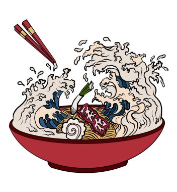 Geleneksel Japon eriştesi ve duvar kağıdı üzerine restoran baskısı için el sallama. Karalama sanatları için Ramen vektör çizimi..