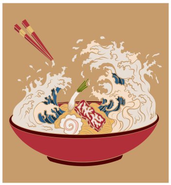 Geleneksel Japon eriştesi ve duvar kağıdı üzerine restoran baskısı için el sallama. Karalama sanatları için Ramen vektör çizimi..