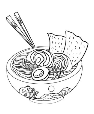 Geleneksel Japon eriştesi ve duvar kağıdı üzerine restoran baskısı için el sallama. Karalama sanatları için Ramen vektör çizimi..