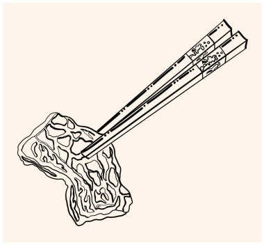 Restorandaki duvar kağıdına basmak için çubuklu biftek. Gömleğe resim yapmak için Asya yemeklerinin renkli çizgileri. Biftek ve çubuk vektör çizimleri..