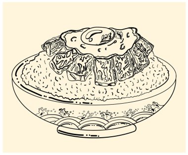 Pirinç kasesinde sığır eti ve kızarmış yumurta. Japon yemeklerinin tişört baskısı için vektör illüstrasyonu. Restorandaki duvar kağıdına resim yapmak için Asya yemeklerinin güzel çizgileri..