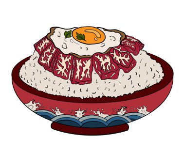 Pirinç kasesinde sığır eti ve kızarmış yumurta. Japon yemeklerinin tişört baskısı için vektör illüstrasyonu. Restorandaki duvar kağıdına resim yapmak için Asya yemeklerinin güzel çizgileri..