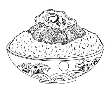 Pirinç kasesinde sığır eti ve kızarmış yumurta. Japon yemeklerinin tişört baskısı için vektör illüstrasyonu. Restorandaki duvar kağıdına resim yapmak için Asya yemeklerinin güzel çizgileri..