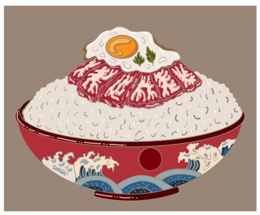 Pirinç kasesinde sığır eti ve kızarmış yumurta. Japon yemeklerinin tişört baskısı için vektör illüstrasyonu. Restorandaki duvar kağıdına resim yapmak için Asya yemeklerinin güzel çizgileri..