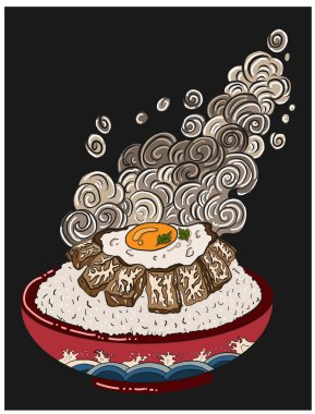 Duvar kağıdı üzerine restoran baskısı için geleneksel Japon yemekleri. Karalama sanatları için somon vektör illüstrasyonlu pirinç..