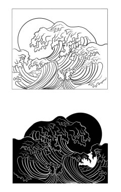 Japanese wave vector illustration for T-shirt.Traditional Chinese wave and sunrise.Beautiful line art of nature for printing on shirt.Asian art for doodle and painting on background.