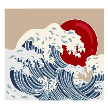 Japanese wave vector illustration for T-shirt.Traditional Chinese wave and sunrise.Beautiful line art of nature for printing on shirt.Asian art for doodle and painting on background.