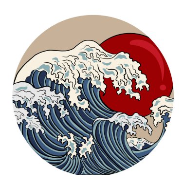 Japanese wave vector illustration for T-shirt.Traditional Chinese wave and sunrise.Beautiful line art of nature for printing on shirt.Asian art for doodle and painting on background.