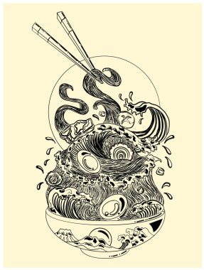 Geleneksel Japon eriştesi ve duvar kağıdı üzerine restoran baskısı için el sallama. Karalama sanatı için Ramen vektör çizimi. Arka planda yemek çubukları vektörü ile gün doğumu..