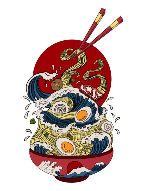 Geleneksel Japon eriştesi ve duvar kağıdı üzerine restoran baskısı için el sallama. Karalama sanatı için Ramen vektör çizimi. Arka planda yemek çubukları vektörü ile gün doğumu..