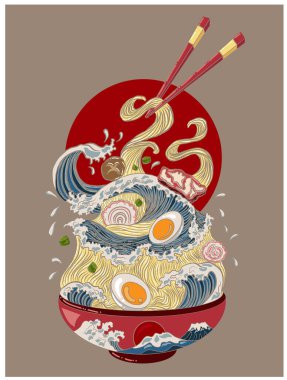 Geleneksel Japon eriştesi ve duvar kağıdı üzerine restoran baskısı için el sallama. Karalama sanatı için Ramen vektör çizimi. Arka planda yemek çubukları vektörü ile gün doğumu..