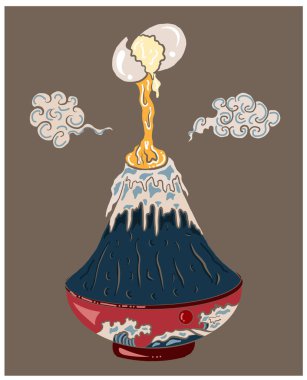 Fuji dağındaki pirinç kasesine yumurta kır. Restorandaki duvar kağıdına resim yapmak için güzel bir Japon yemeği çizgisi. Çin yemek vektörü çizimi..