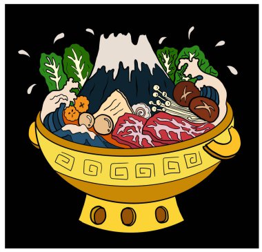 Sukiyaki tarifi hazır pot illüstrasyonu. Çin geleneksel yemek, zengin esrar stili. Shabu el restoranda resim yapmak için çiziyor. Shabu Dağı 'nda Shabu hot pot' ta el sallıyor..