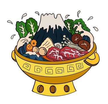 Sukiyaki tarifi hazır pot illüstrasyonu. Çin geleneksel yemek, zengin esrar stili. Shabu el restoranda resim yapmak için çiziyor. Shabu Dağı 'nda Shabu hot pot' ta el sallıyor..