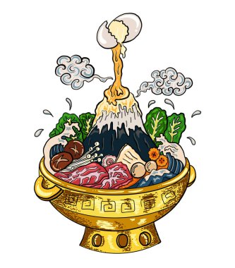 Sukiyaki tarifi hazır pot illüstrasyonu. Çin geleneksel yemek, zengin esrar stili. Shabu el restoranda resim yapmak için çiziyor. Shabu Dağı 'nda Shabu hot pot' ta el sallıyor..