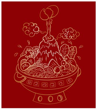 Sukiyaki tarifi hazır pot illüstrasyonu. Çin geleneksel yemek, zengin esrar stili. Shabu el restoranda resim yapmak için çiziyor. Shabu Dağı 'nda Shabu hot pot' ta el sallıyor..
