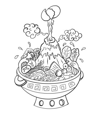 Sukiyaki tarifi hazır pot illüstrasyonu. Çin geleneksel yemek, zengin esrar stili. Shabu el restoranda resim yapmak için çiziyor. Shabu Dağı 'nda Shabu hot pot' ta el sallıyor..