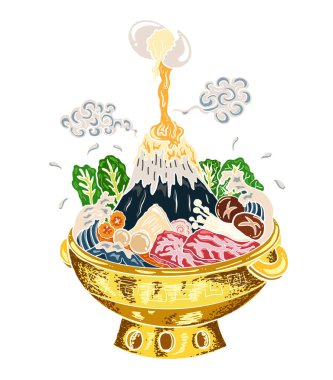 Sukiyaki tarifi hazır pot illüstrasyonu. Çin geleneksel yemek, zengin esrar stili. Shabu el restoranda resim yapmak için çiziyor. Shabu Dağı 'nda Shabu hot pot' ta el sallıyor..